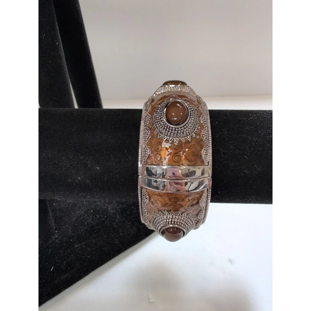 VTG brown enameled & textured silver-tone hinged clamp bracelet Statement Piece